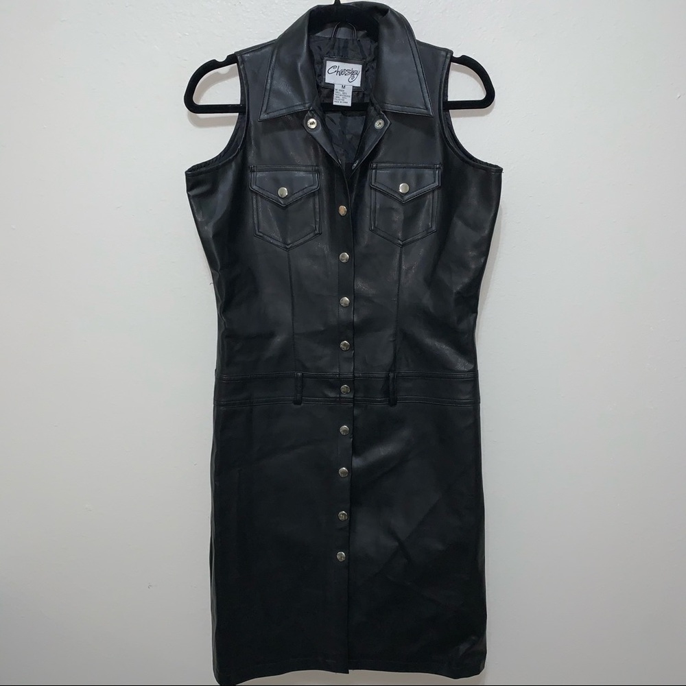 Faux leather button front sleeveless dress